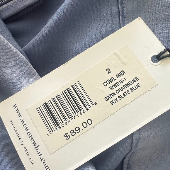 We Wore What Midi Dress Women 2 Blue Satin Slip Charmeuse Cowl Neck Formal Party - Picture 7 of 7